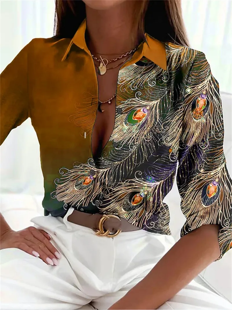 Women's Tops 2023 Autumn Fashion New Jewel Feather Print Long Sleeve Blouse Female