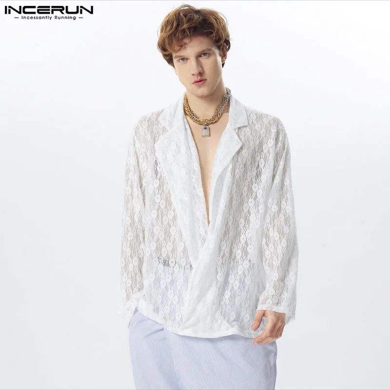 

2024 Men Shirt Lace Transparent V Neck Long Sleeve Loose Sexy Men Clothing Streetwear Fashion Casual Party Camisas S-5XL INCERUN