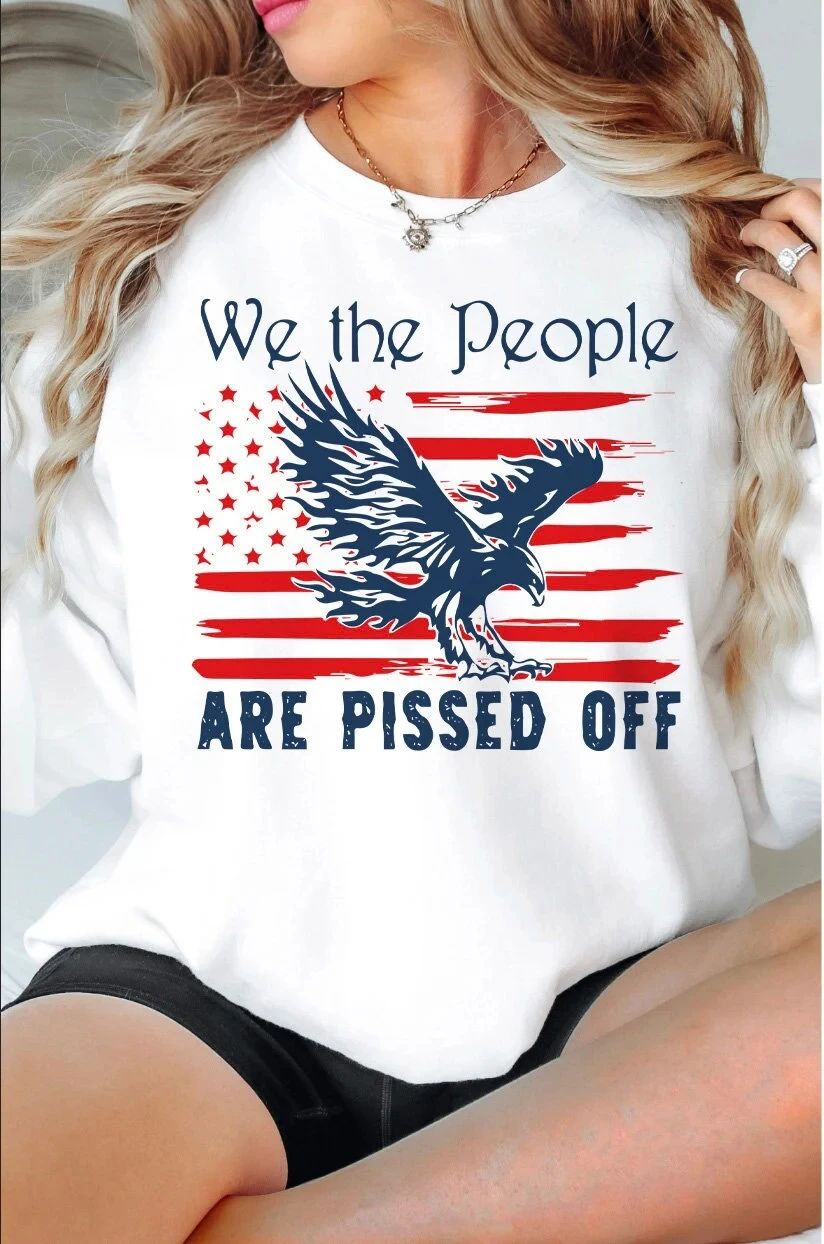 

We The People Are Pissed Off Slogan Women T-shirt Vintage Eagle American Flag Print Female Shirt Stylish Independence Day Tops