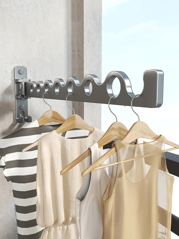 Non perforated balcony folding clothes hanger wall mounted bathroom drying clothes pole window wall artifact invisible