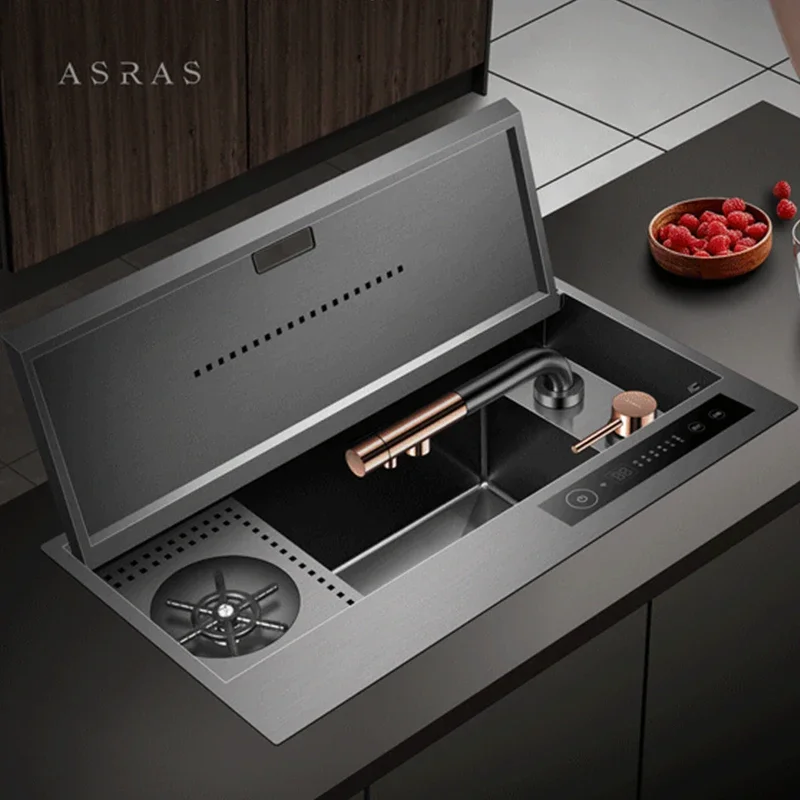 ASRAS Nanometer Flip Cover Hidden Smart Purifying Kitchen Sinks 4mm Thickness Handmade Sink Cup Rinser Kitchen Sinks