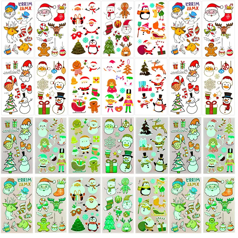 10Sheets Christmas Cartoon Pattern Tattoo Stickers Luminous Waterproof Kids Face Arm Body Temporary Tattoos Xmas Party DIY Decor