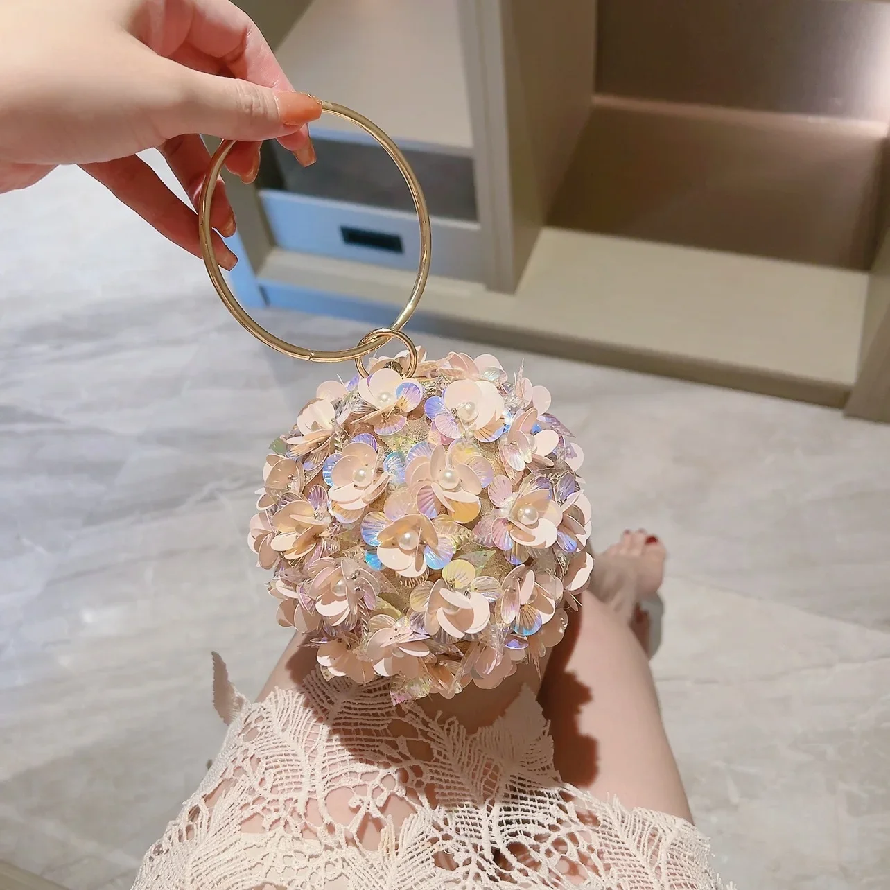 Colorful Pearl Sequin Flower Round Ball Handbags For Women
