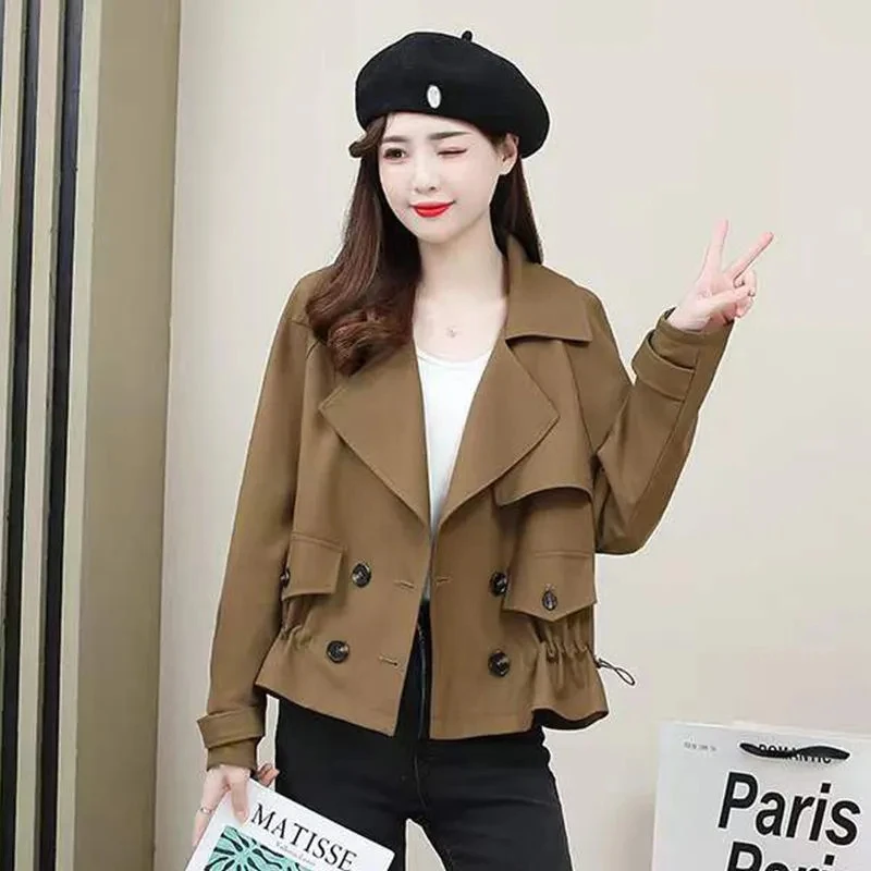 

Windbreaker Women Short Coat Spring Autumn New Fashion Lapel Double-Breasted Jacket Ladies Casual Clothes Slim Outerwear G2174