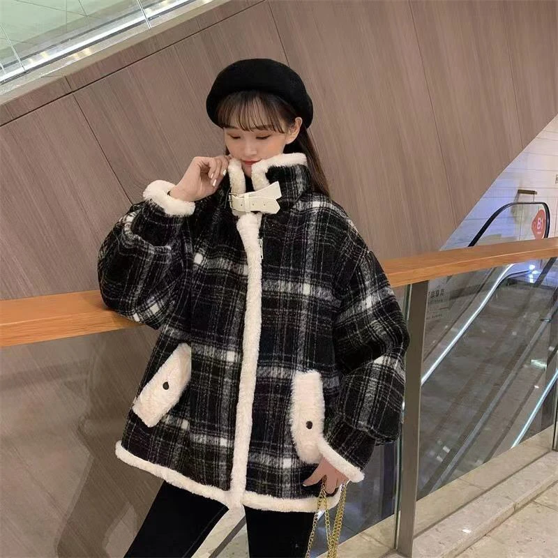 

Gidyq Women Plaid Faux Woolen Coats Korean Fashion Patchwork Loose Overcoat Casual Female Streetwear Plush Jacket Winter New