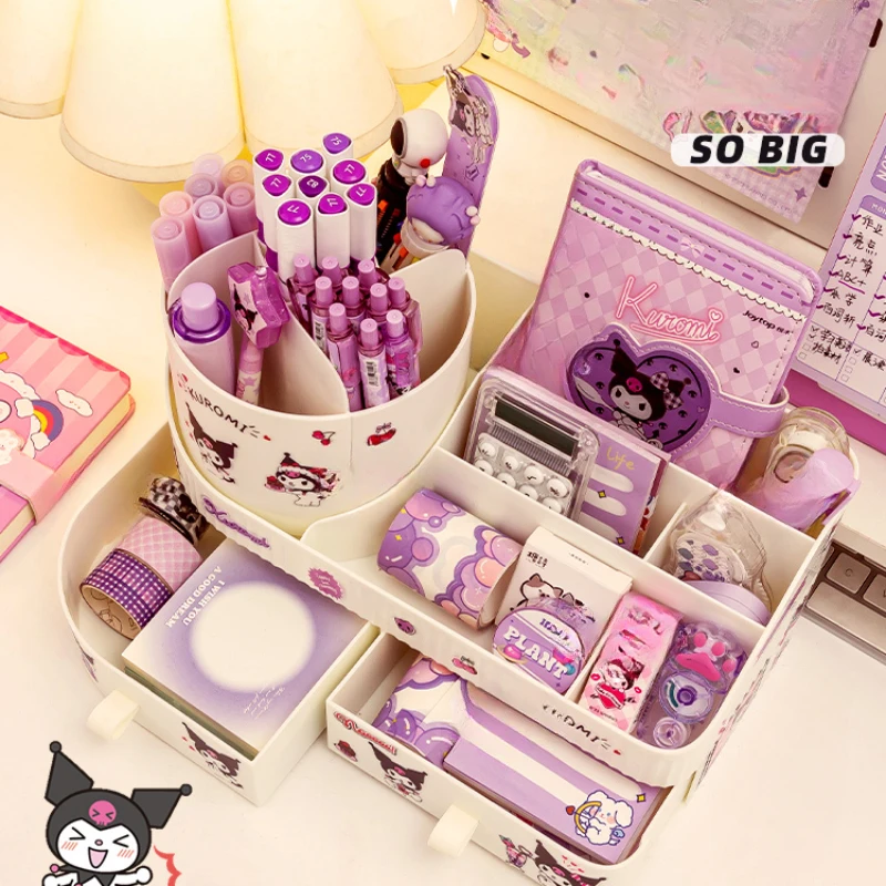Pen Holder Kawaii Sanrio Kuromi Rotating Drawer Pen Holder Storage Box Organizer Large Capacity Desktop Cute Multi-functional Storage Rack