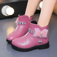 Children's Warm Leather Boots Baby Bow Girl Cute Cotton Shoes Plush Winter New Cotton Boots Girls Short Boots 6