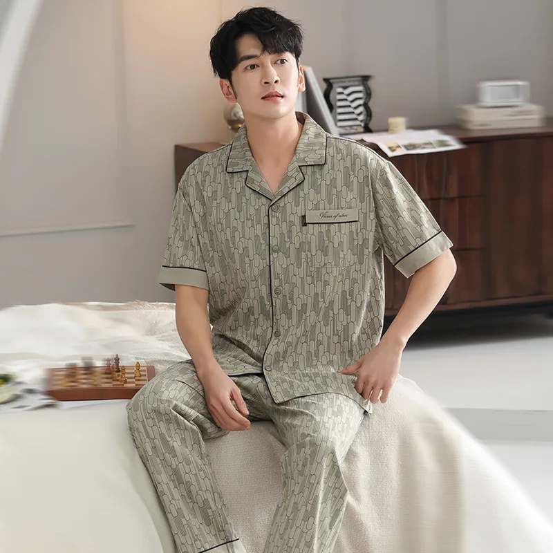 Summer Men's Thin Pure Cotton Pajamas Lapel Short Sleeve Cardigan Pants Oversized Home Clothing Set Casual Comfortable Sleepwear