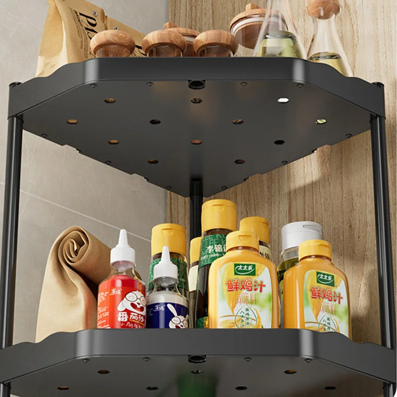 Kitchen Corner Shelf Multi Layers Seasoning Tripod Rack Multifunctional Storage Rack With Hook metal plastic Kitchen Organizer 4