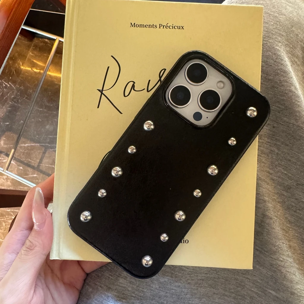 Advanced Black Leather Shock Proof Phone Cover with Stereoscopic Metal Rivets and Round Bead Design