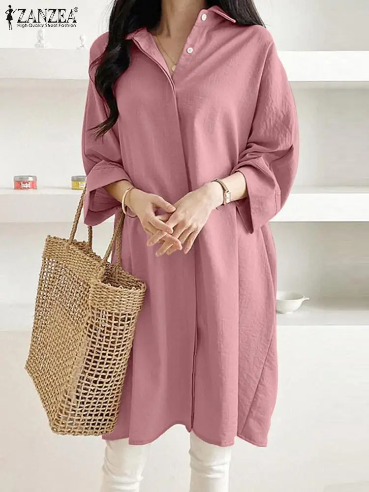 

Женская блузка с отложным воротником и рукавом 3/4 ZANZEA, однотонная Свободная блузка большого размера с пуговицами на осень-вечерние