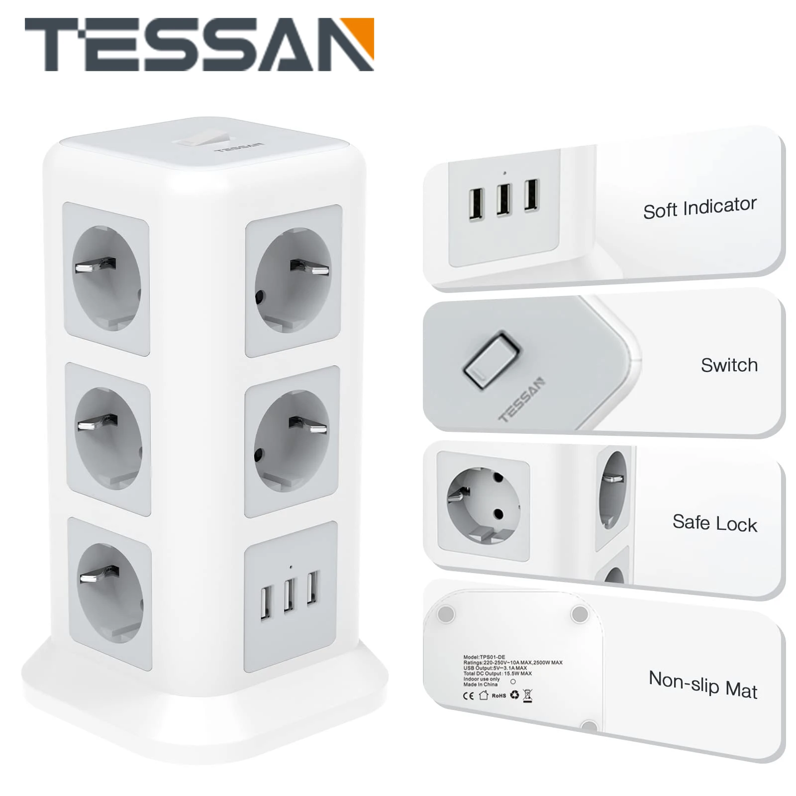 Presa Di Prolunga Tessan Ciabatta 2500W Con 3/8/11 Prese Ca 3 Porte Usb, Ciabatta A Torre Multipresa Cavo Da 2M Per La Casa