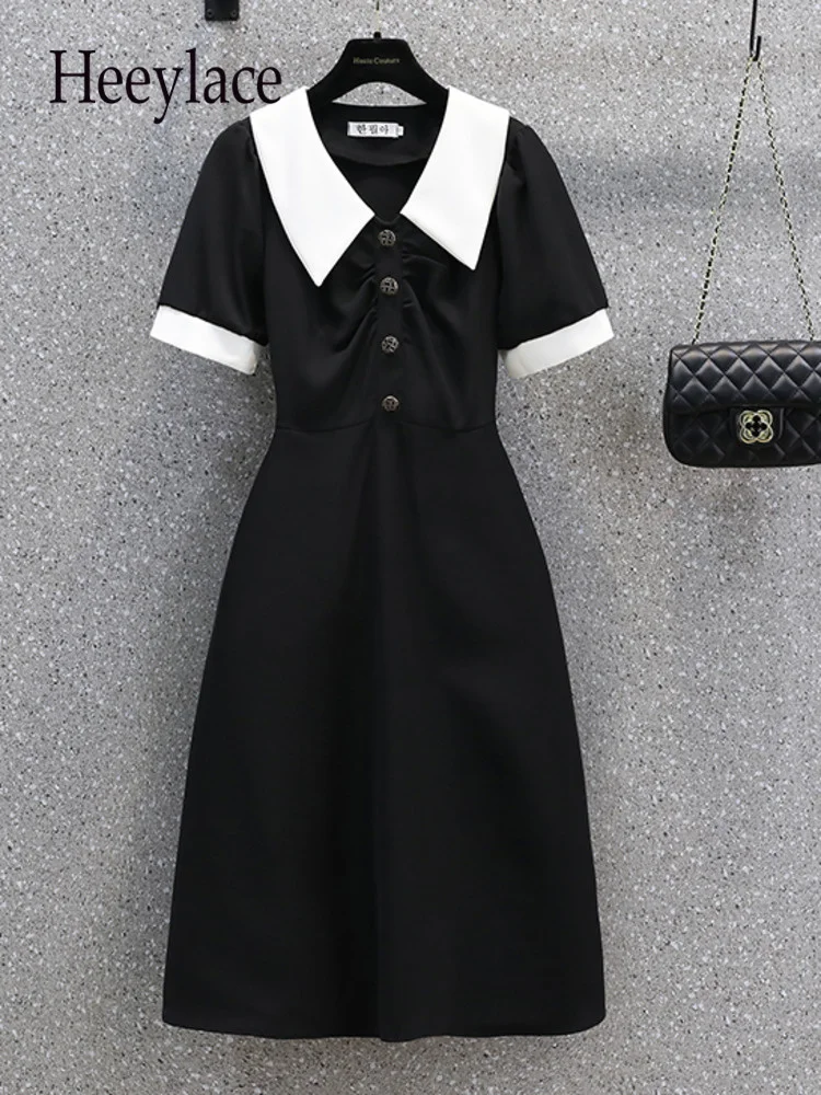 

Summer Dress For Women French Vintage Elegant Peter Pan Collar Patchwork Short Sleeve Dresses Women High Waist 4XL Clothing