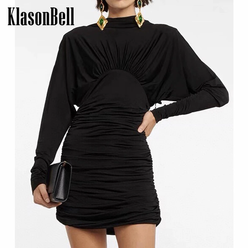 

9.6 KlasonBell Sexy Backless Shoulder Pads Folds Design Slim Black Mini Dress Women