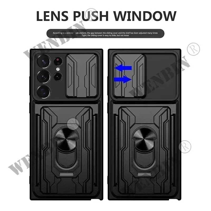 Phone Case For Redmi Note 14 13 12 Pro Xiaomi 14T Pro Poco X6 Slide Stand Ring 360 Magnetic Camera Military Grade Card Slot Cover