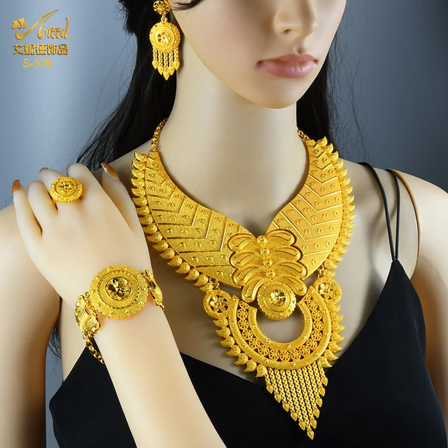 ANIID Dubai Luxury Gold Color Big Flowers Shape Necklace Bracelet Jewelry  Set For Women Arabic Wedding