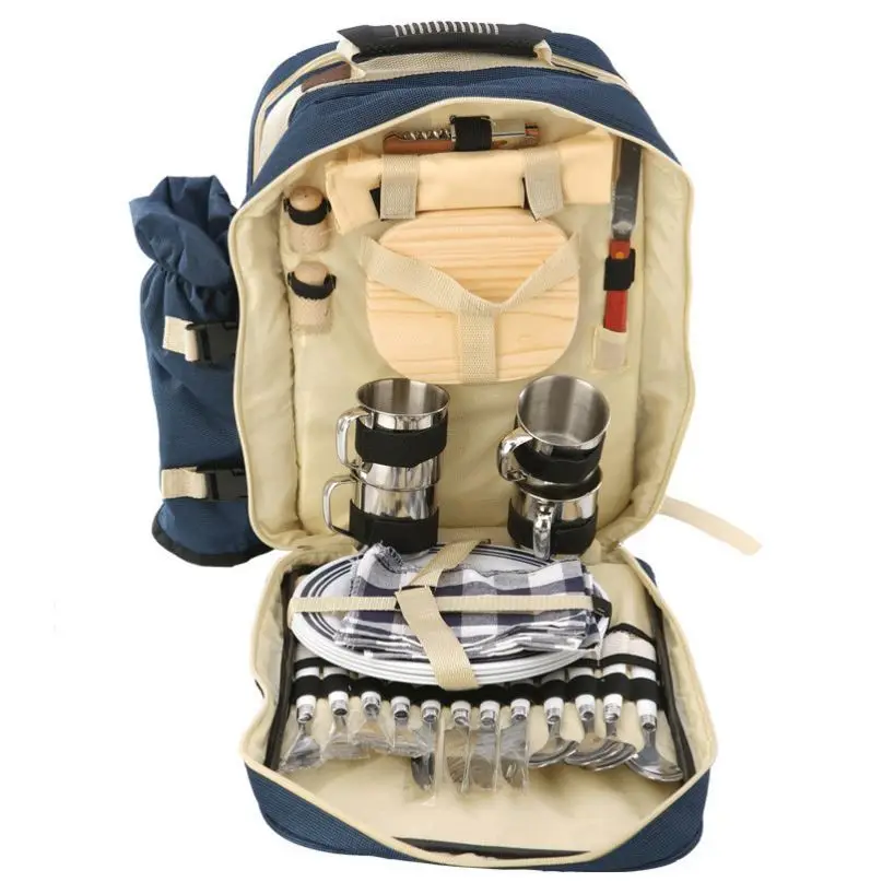 

Travel Picnic Backpack with Cooler Compartment Plates Cutlery Wine Glasses Chopping Board Bottle Opener Spice Bottle