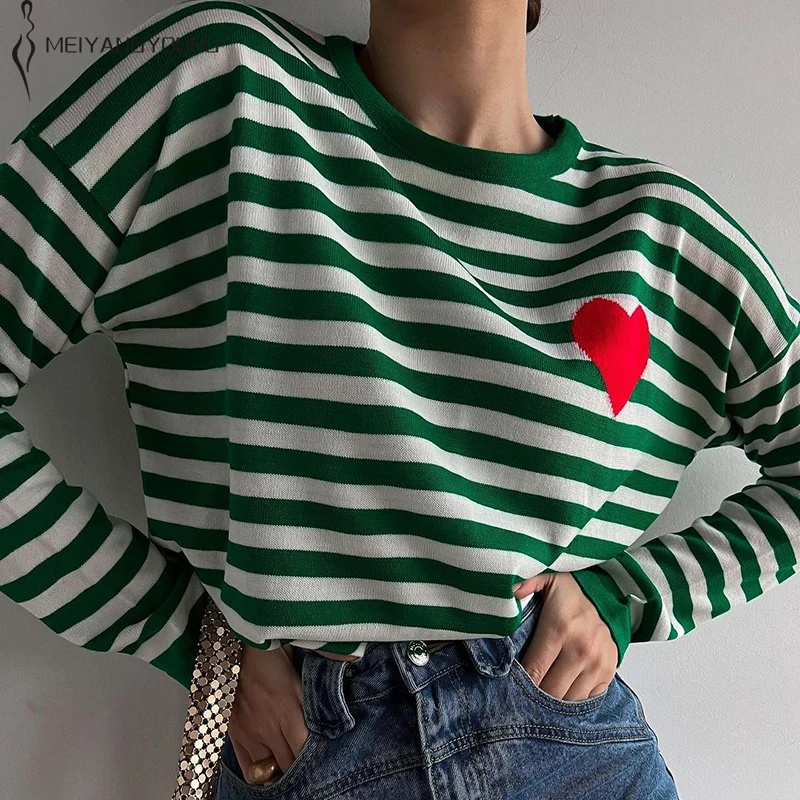 

MEIYANGYOUNG Long Sleeve Stripes Sweater With Heart Pattern Knitwear Top Women O-Neck Pullover Oversize Women Sweater Female