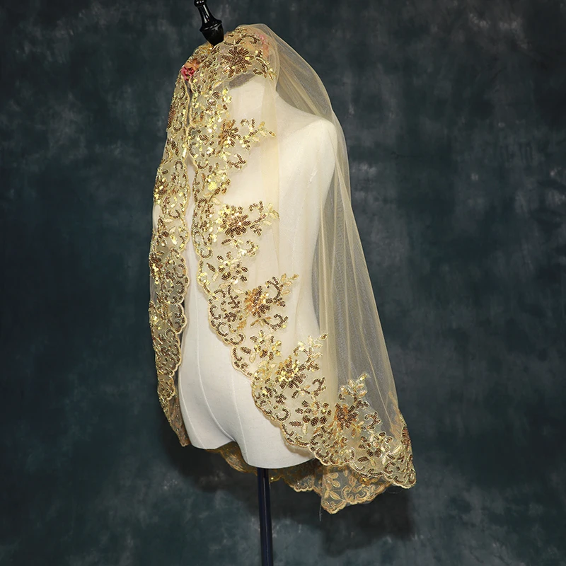 0.9M BlingBling Bridal Veil Gold White Red Wedding Hair Accessories Wedding Veil 1 Layer Bride Lace With Comb