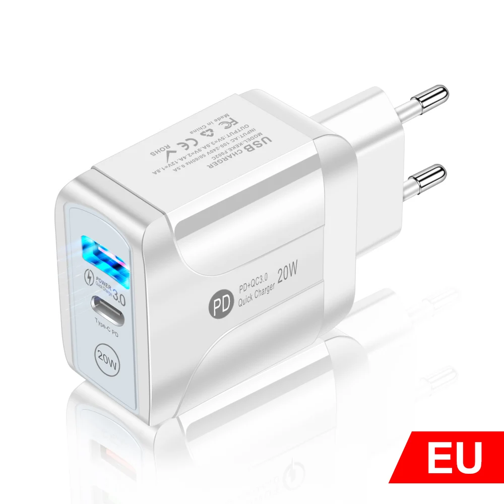 20W QC+PD 3.0 USB 2 Ports Charger Fast Charge for IPhone 12 11 Pro Max X Xs Xr IPad Huawei Xiaomi LG Samsung EU/US Plug Adapter usb 5v 2a Chargers