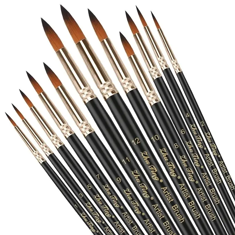 12pcs Professional Watercolor Paint Brushes Set Round Pointed Tip Nylon Hair Artist Acrylic Brush For Acrylic Watercolor Oil