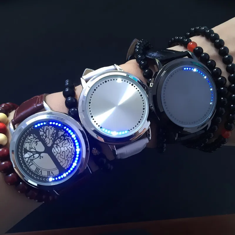 

Mode Led Touch Screen Mannen Horloges Jongens Life Tree Lederen Digitale Horloges Mannen Klok Glittering and Cool Men Watches
