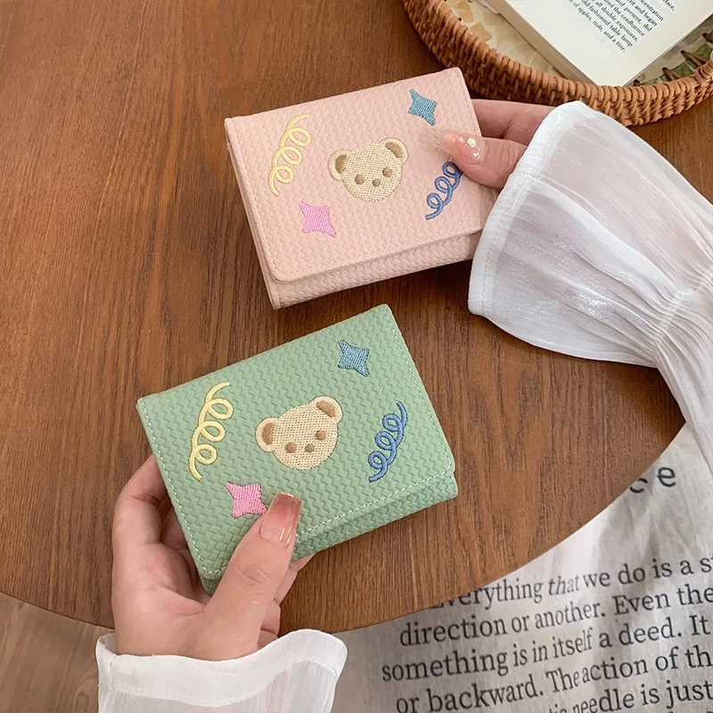 Portable Cartoon Women Short Wallet Bear Embroidery Three Fold Wallet Card Holder Multi-Card Slot Pu Leather Coin Purse  Student