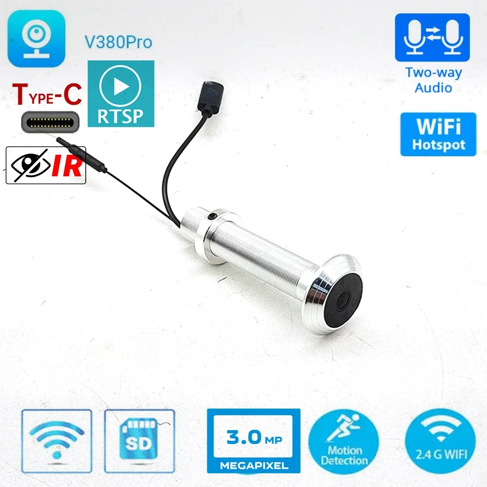 Mini mirilla WiFi V380 de 16MM de diámetro, puerta de seguridad, ojo de gato, visión nocturna infrarroja gran angular, H.265 P2P, cámara ONVIF, ranura para tarjeta SD