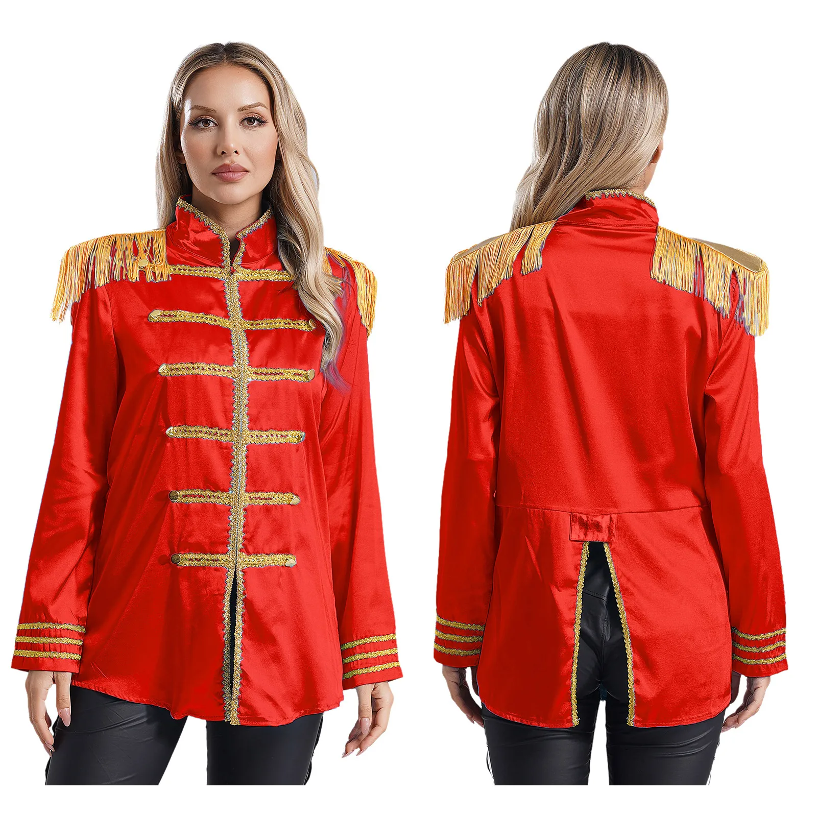 Ropa de abrigo larga Medieval Hippy para mujer, disfraces de Halloween, tablas de hombro con borlas, adornos dorados, chaquetas de satén con cremallera frontal