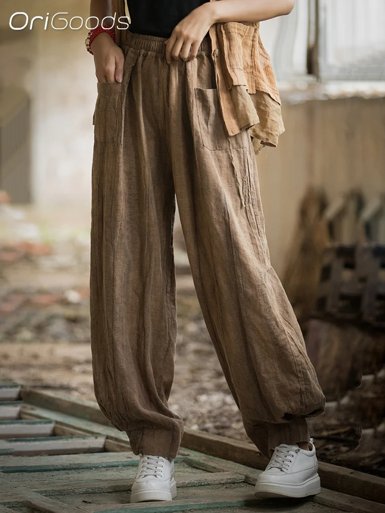 OriGoods 여성 하렘 팬츠 오리지널 디자인 라미 코튼 오버사이즈 젠 루즈핏 배기 팬츠 엘라스틱 웨이스트 디스트레스드 팬츠 B188