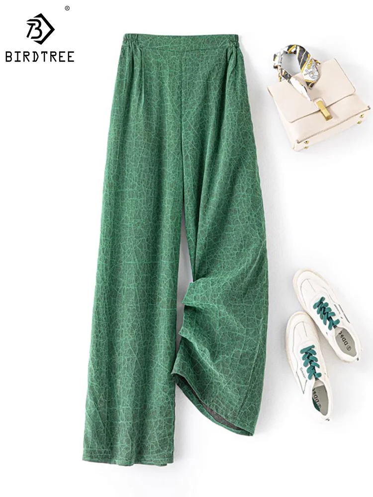 

Birdtree 100%Real Silk XiangYunSha Fashionable Women's Pants Gauze Craquelure Straight Pants Elastic Waist Long Bottom B3D283QM