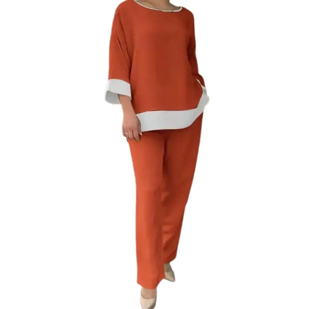 Women Top Slacks Set Stylish Women's Top Pants Set with Round Neck Three Quarter Sleeves Contrast Color T-shirt High for A