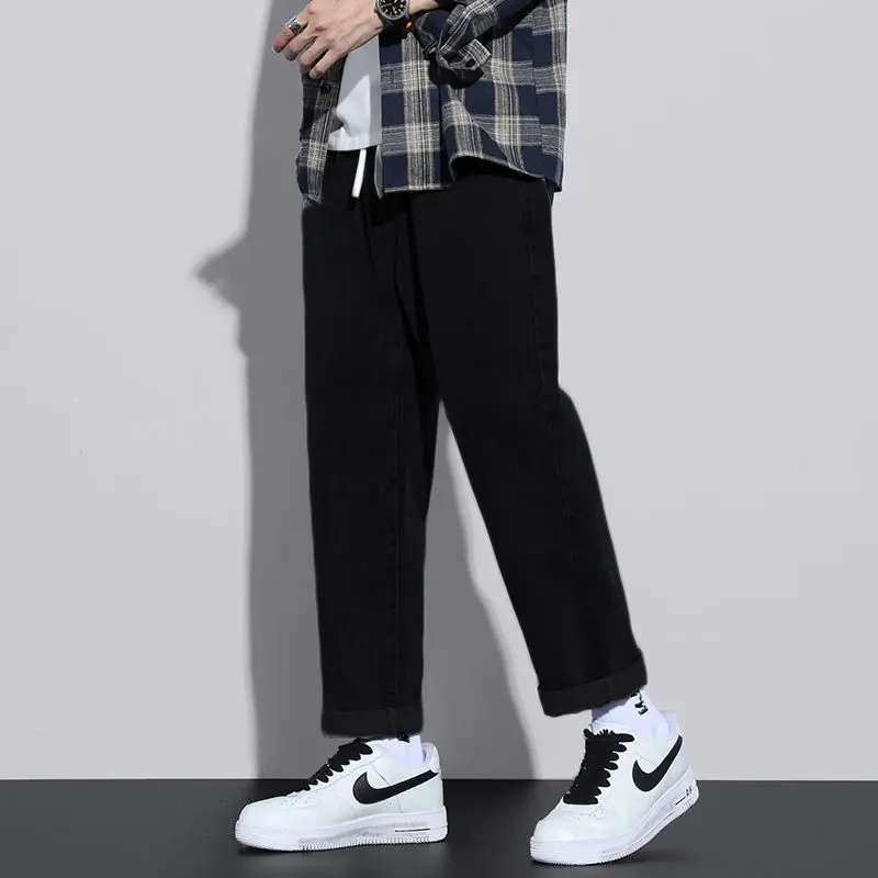 Spring New Fashion Trend Versatile Loose Straight Jeans Men's Solid Elastic Waist Drawstring Pocket Casual Wide Leg Casual Pants