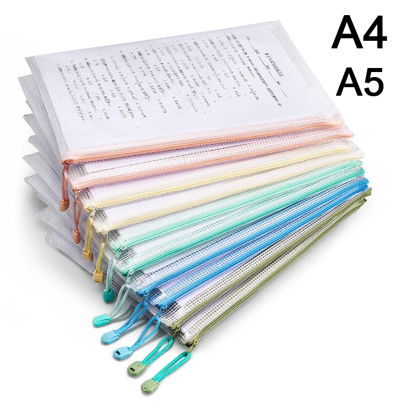 5/10/30PCS 메쉬 지퍼 파우치 문서 가방 방수 지퍼 파일 폴더 A4/A5 크기 학교 사무용품 연필 케이스 보관 가방