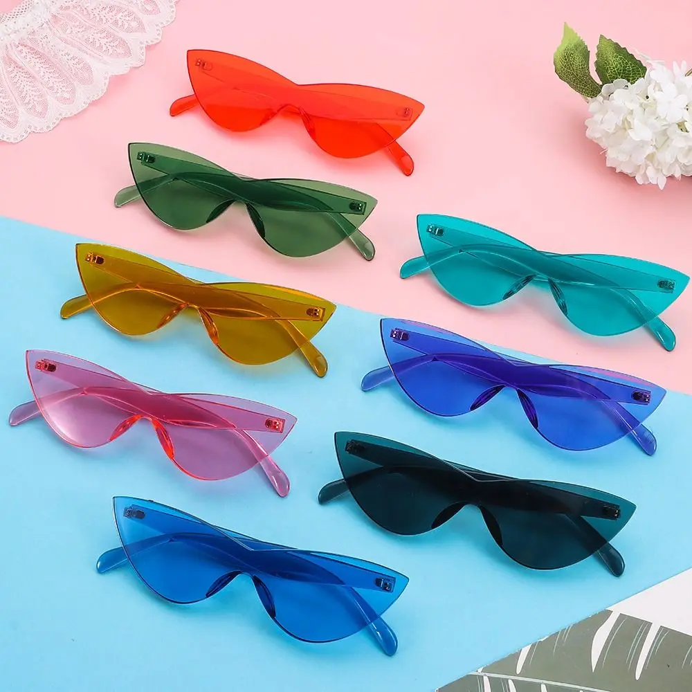 

Triangle Cat Eye Sunglasses Vintage Rimless Colored Transparent Candy Color Shades One Piece Sun Glasses for Adults