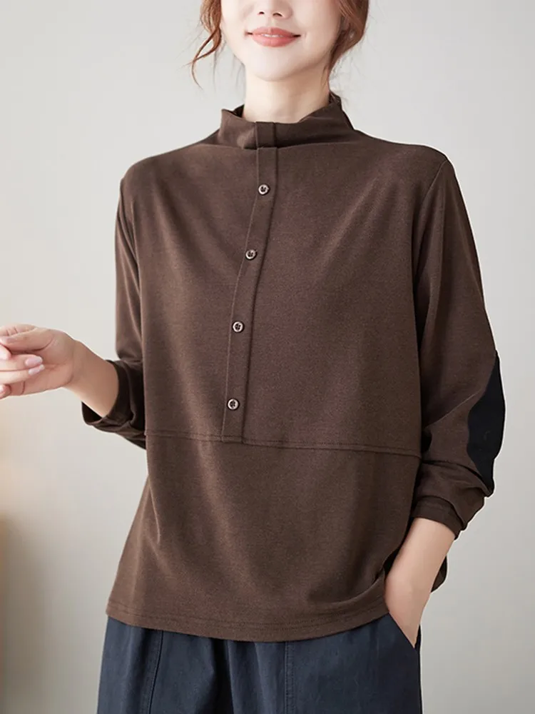 

Women Long Sleeve Casual T-shirts New Arrival 2023 Autumn Korean Style Solid Color Stand Collar Loose Female Tops Tees B3098