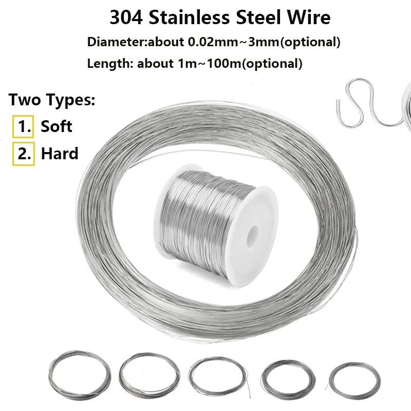 Diametro 0.02mm-3mm 304 filo di acciaio inossidabile lunghezza filo di acciaio morbido/duro 100 metri-1 metro filo singolo rotondo seta brillante