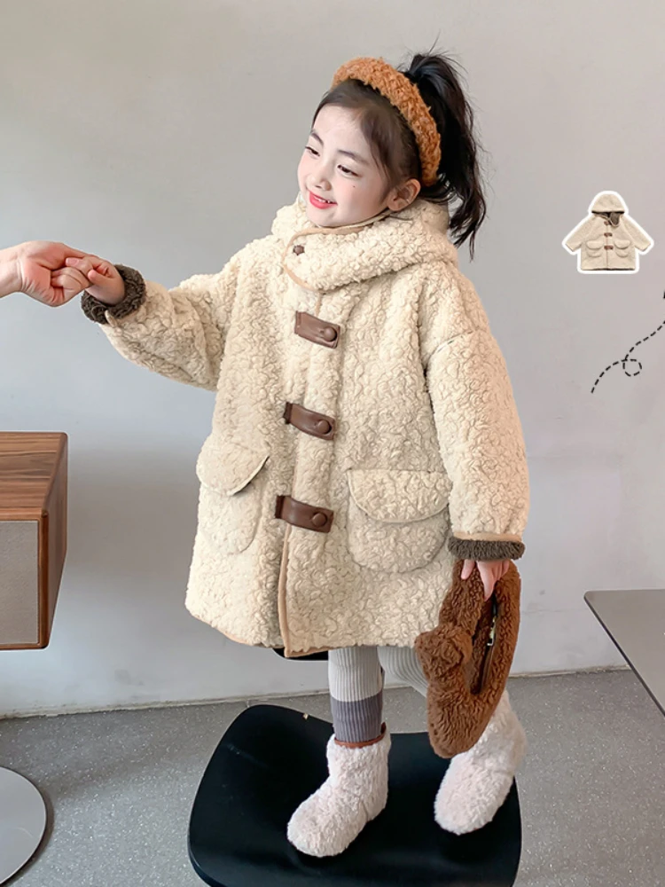 

Girls Coat Autumn and Winter 2023 New Childrens Clothes Imitation Lamb Wool Baby Hooded Wool Woven Girls Clothing Coat Top