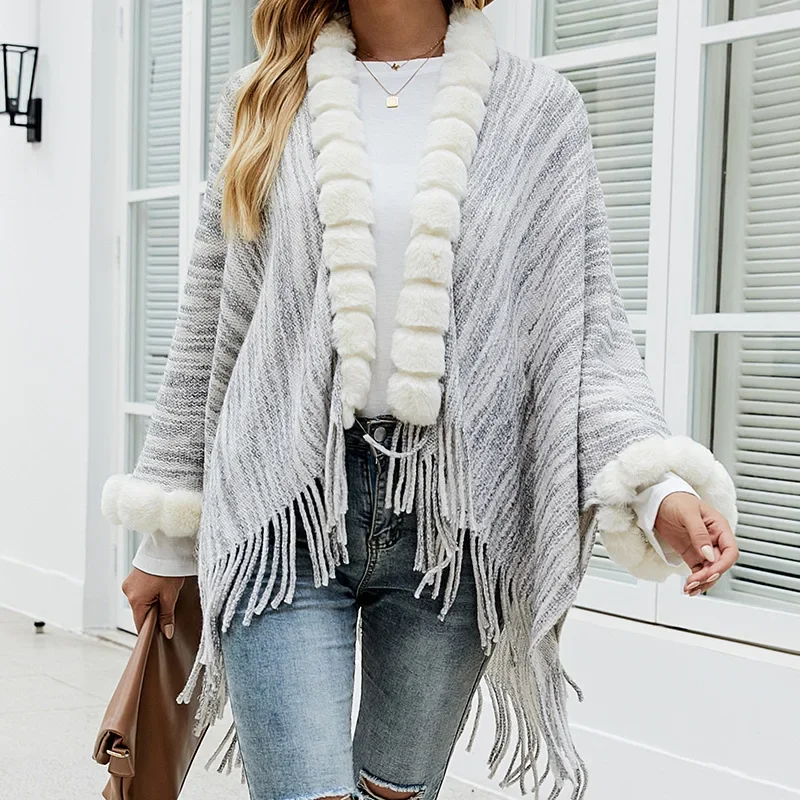 

Autumn Winter Warm knitted Imitation Wool Collar Tassel shawl Fashionable Upscale Poncho Lady Capes Gray Cloaks