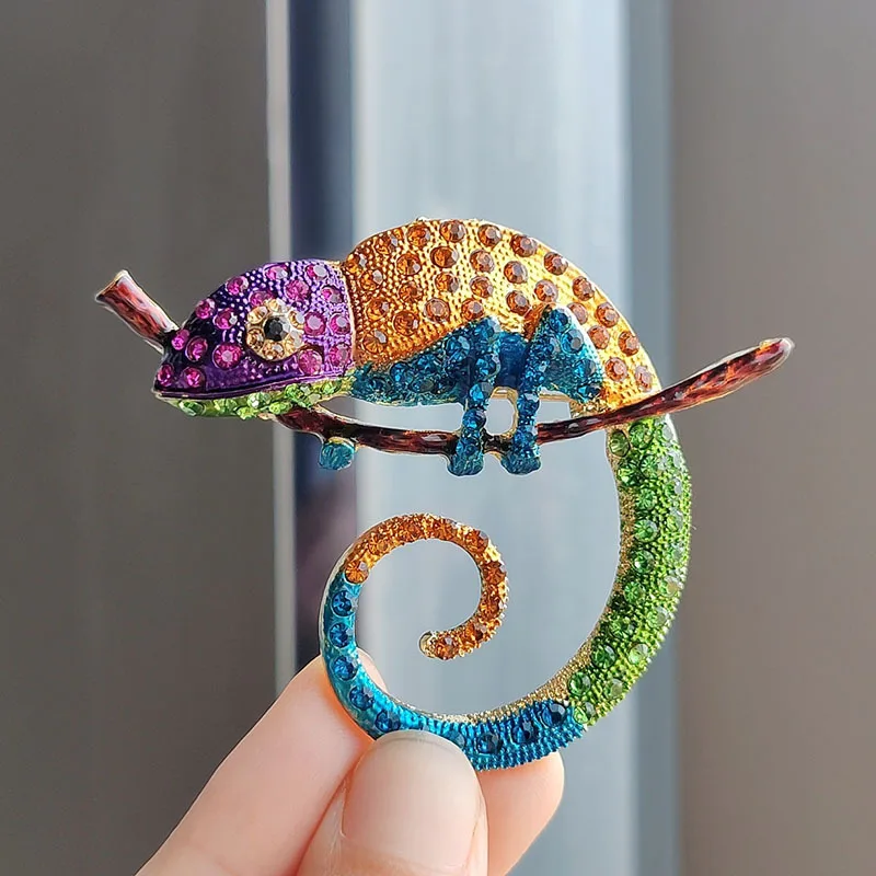 Fashion Rhinestone Inlaid Chameleon Brooch Lizard Enamel Accessory
