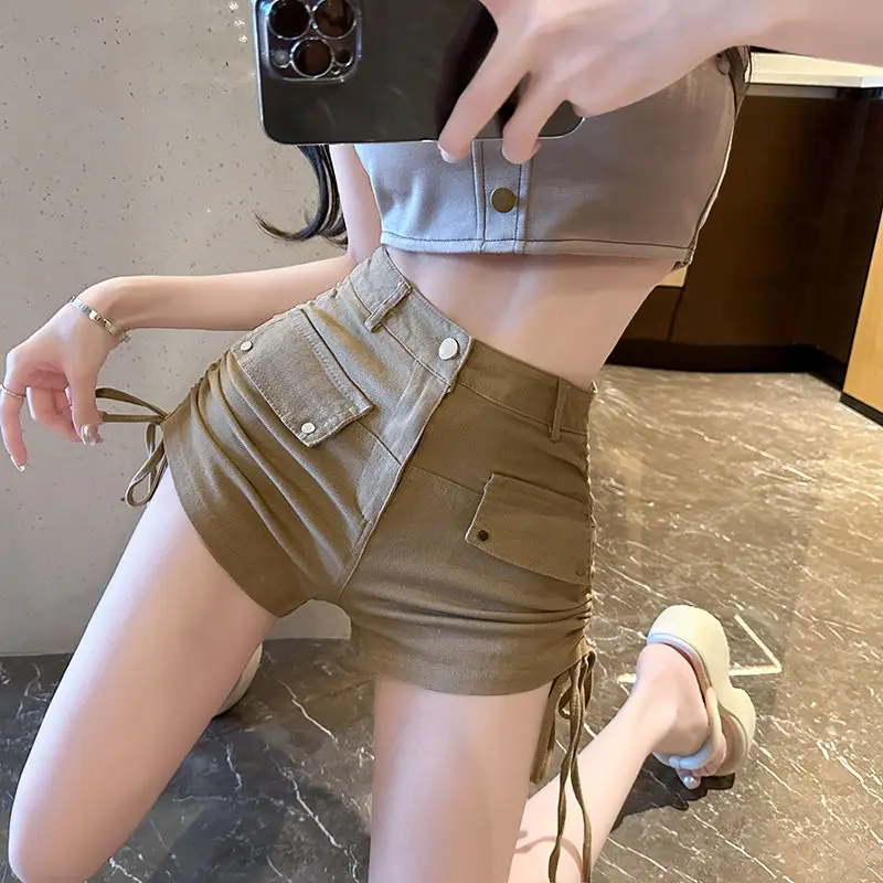 Sexy Spicy Girl Workwear Irregular High Waist Drawstring Folded Summer Wide Leg Shorts Denim Wrap Hip Fashion Hot Pants