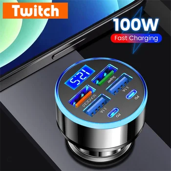 Caricabatterie da auto 100W a 6 porte con ricarica rapida, 4 USB e 2 PD Type-C, adattatore per iPhone, Samsung, Huawei, Xiaomi.