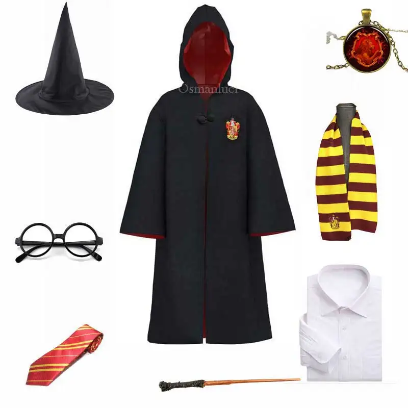 thumbnail image 1 of Uniforme escolar de bruja y mago para niños adultos, estilo Harris Potter, túnica, capa, bufanda, corbata, varita, collar, disfraz de Halloween, 1 of 4
