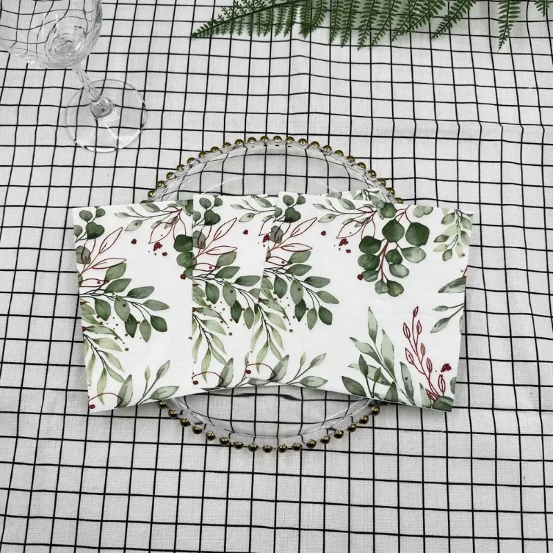 10/20pcs/Pac Printed Napkin Green Leaf Folded Paper Placemat Wedding Party Wine Glass Flower Paper DIY Butterfly Bone Bart