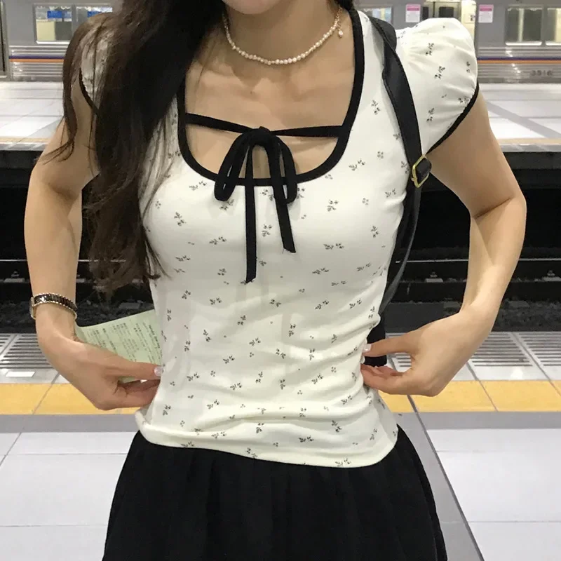 Y2K 여성용 뱅지 러플 패치워크 티셔츠, 귀여운 그런지 스퀘어넥, 미적인 한국 반팔 크롭탑, 빈티지 여름 신상