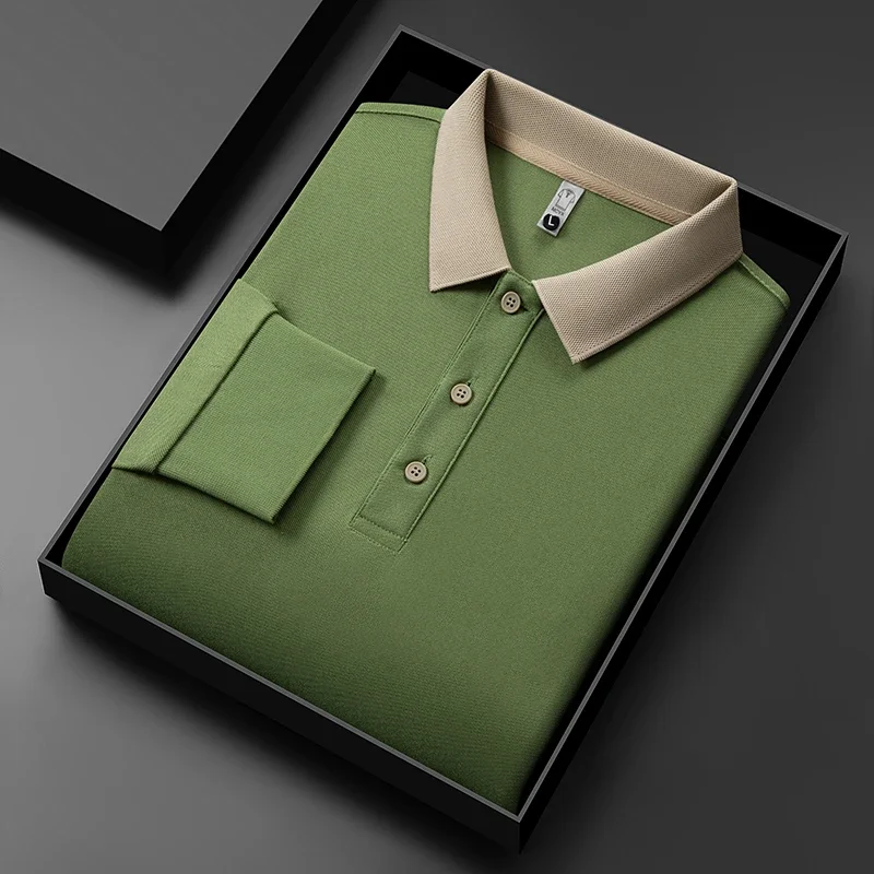 Polo da uomo in tinta unita a maniche lunghe casual da lavoro nuova Top versatile quattro stagioni caldo e confortevole alla moda - immagine 5