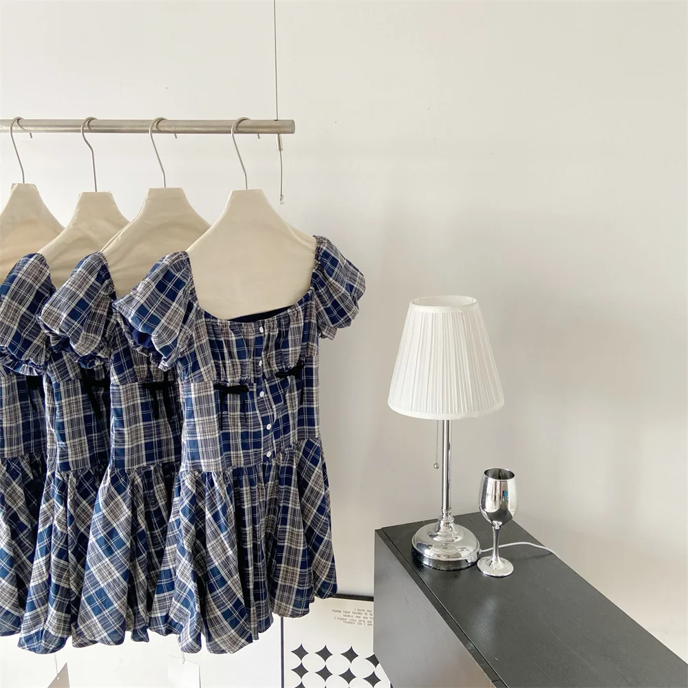 Y2K Plaid Short Dresses for Women Princess Birthday Party Dress Puff Sleeve Square Collar Bow Prom Summer Mini Vestidos Mujer