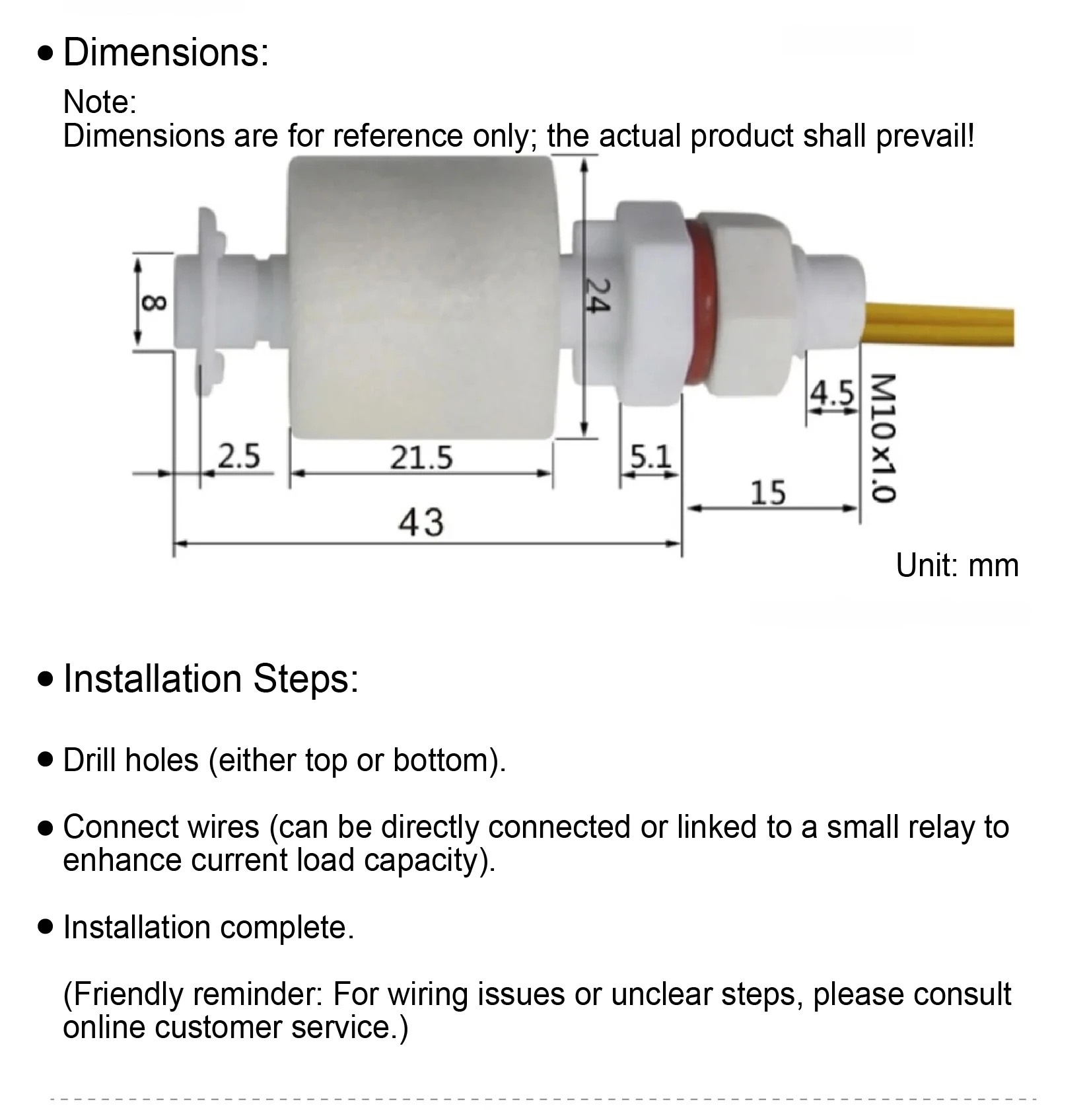 PP Float Level Switch Liquid Sensor Plastic Water Tank Acid Alkali Corrosion Res