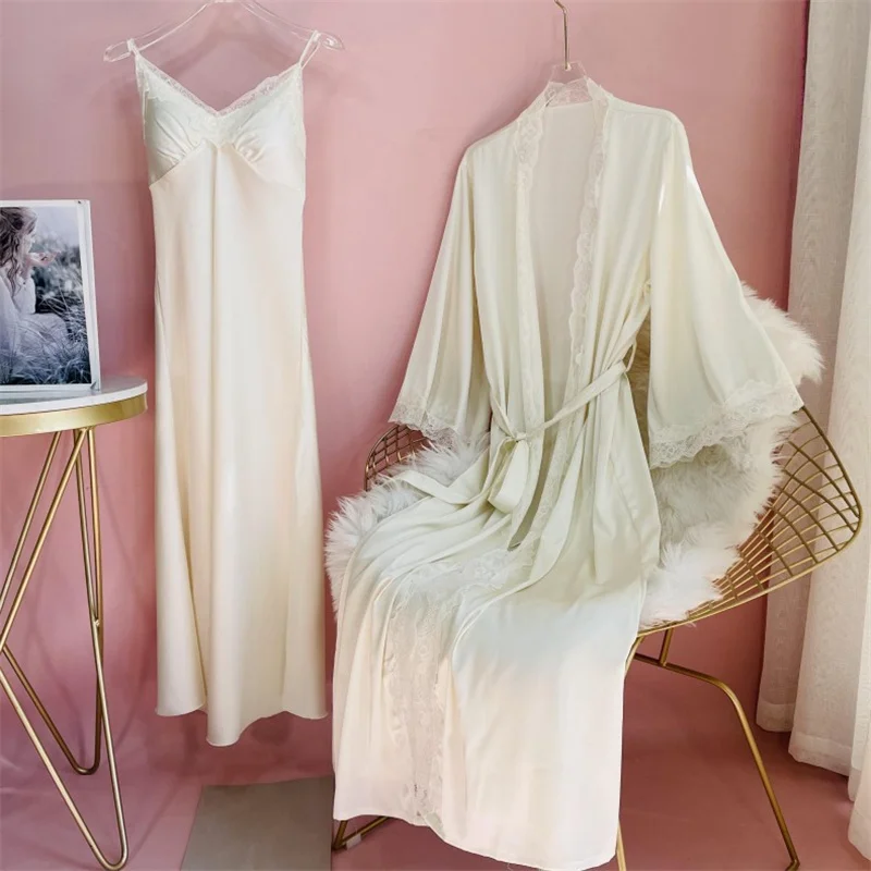 

Spring Summer New Female Long Robe Nightgown Set Lace Trim Sleepwear Suspender Nightdress Casual Satin Home Dress Bathrobe
