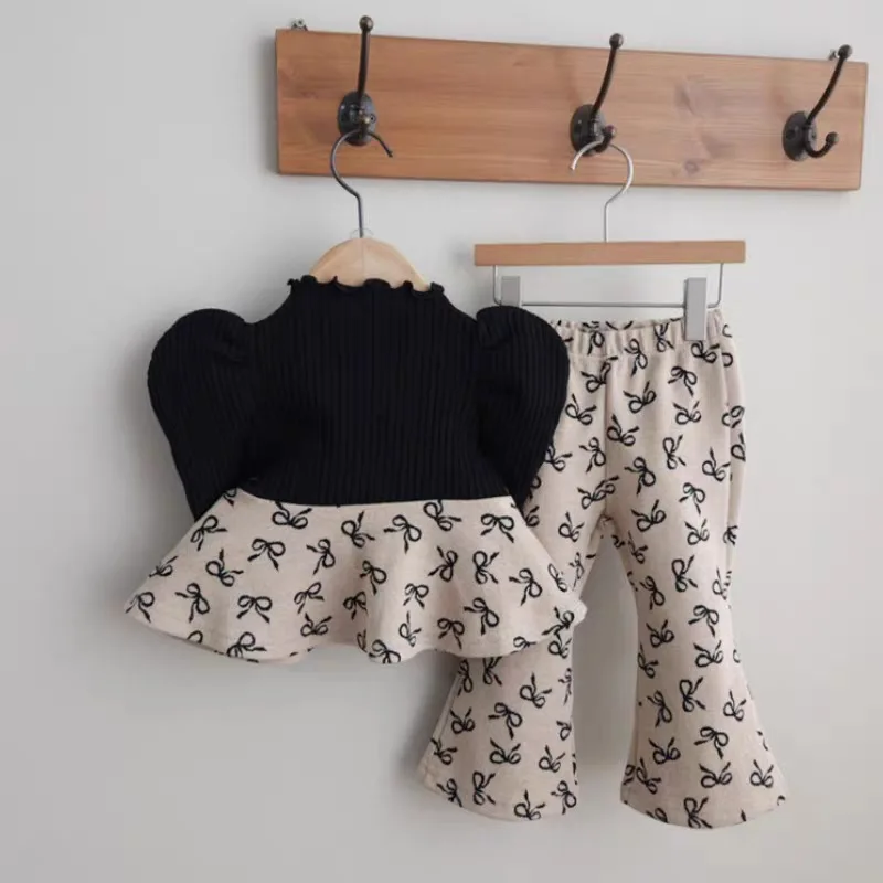 2025 가을 신상 아동 긴팔 옷 세트 여아용 달콤한 리본 프린트 셔츠 + 플레어 팬츠 2피스 세트 아동 캐주얼 의상